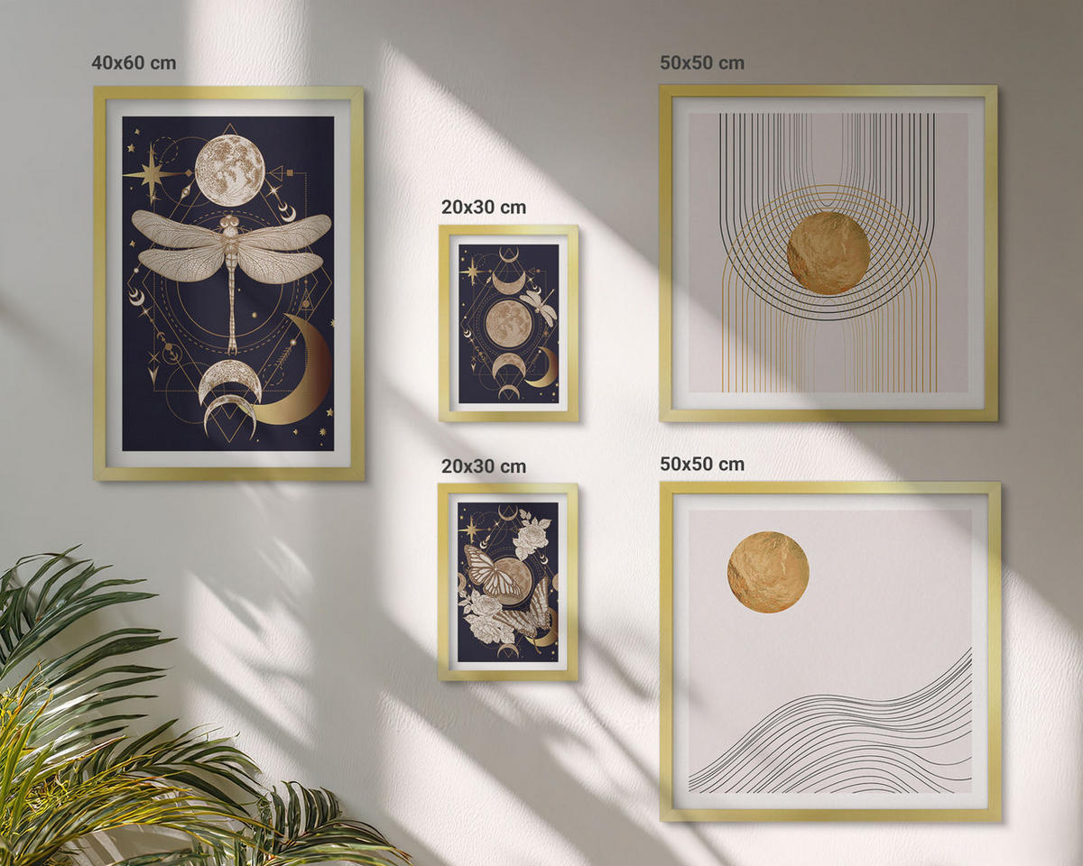 WANDBILDER 5er Set - 50x50 cm & 20x30 cm & 40x60 cm Goldrahmen - Naturmotive mit dem Mond - Goldfarben, Kunststoff (40/60cm) - ArtPrintCave