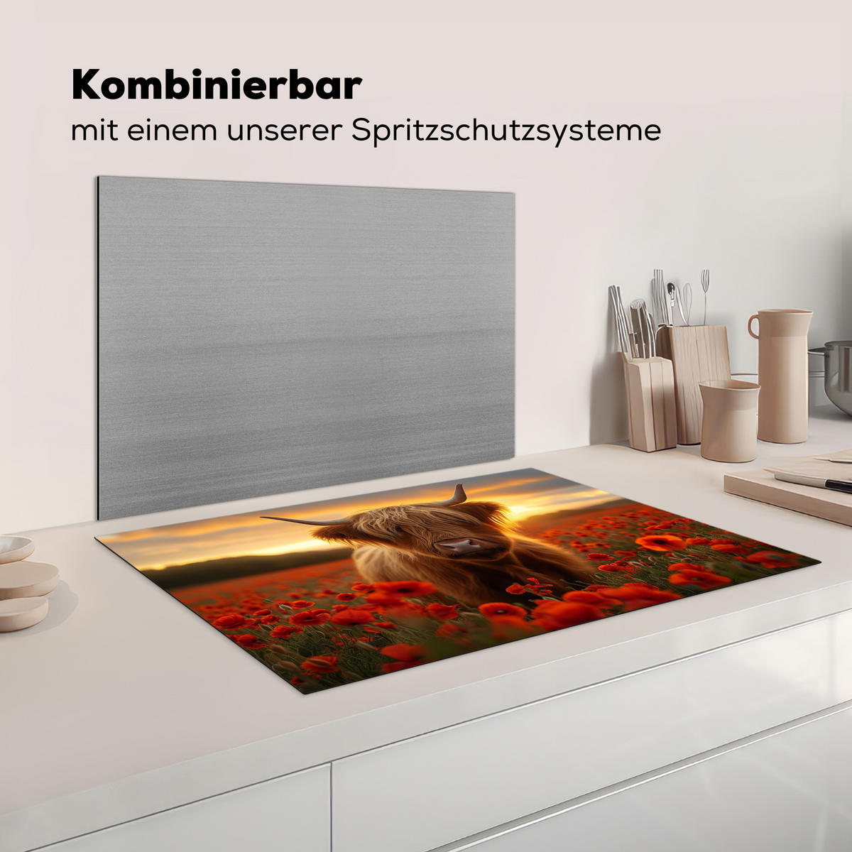 HERDABDECKPLATTE Schottische Highlander - Rosen - Blumenfeld - Sonnenuntergang Induktionsmatte 81x52 cm - Rotbraun, Kunststoff (81/52/0.2cm) - MuchoWow