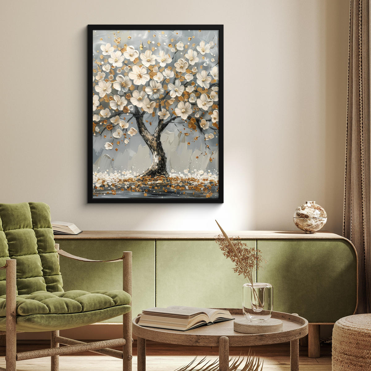 GERAHMTES BILD Baum - Blumen - Weiß - Natur - Kunst 60x80 cm - Weiß, Papier (60/80cm) - MuchoWow