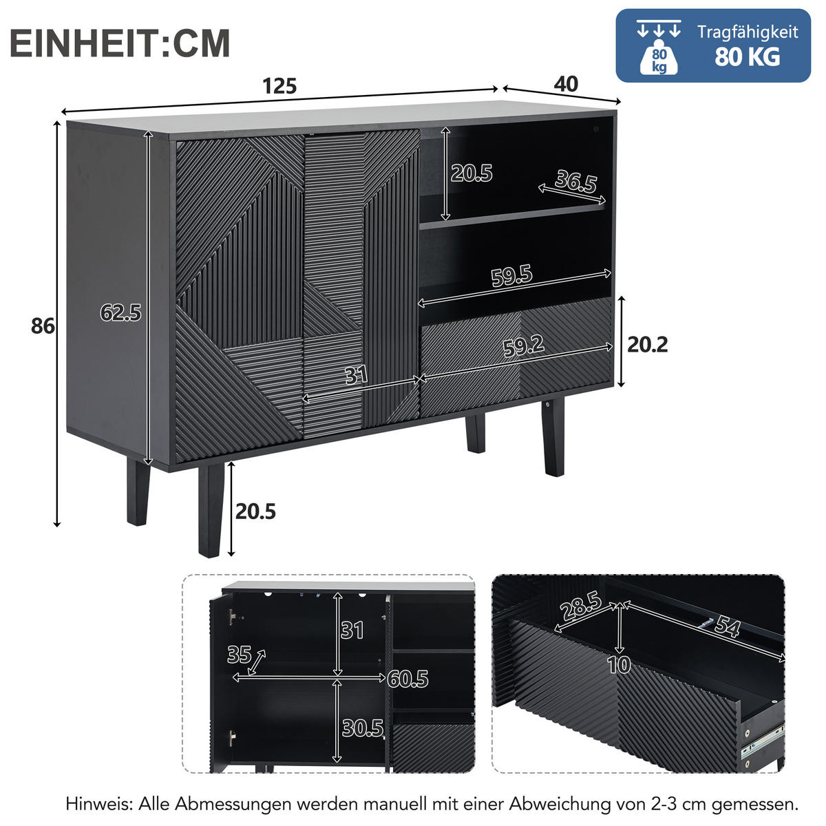 SIDEBOARD Schwarz 125/40/86 cm - Schwarz, Holzwerkstoff (40/86/125cm) - Urban Meuble