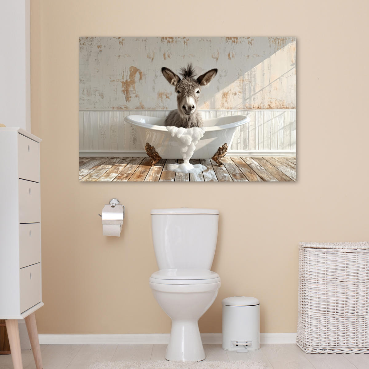 LEINWANDBILD Esel - Tiere - Badewanne - Schaumstoff Wohnzimmer 120x80 cm - Weiß, Textil (120/80cm) - MuchoWow