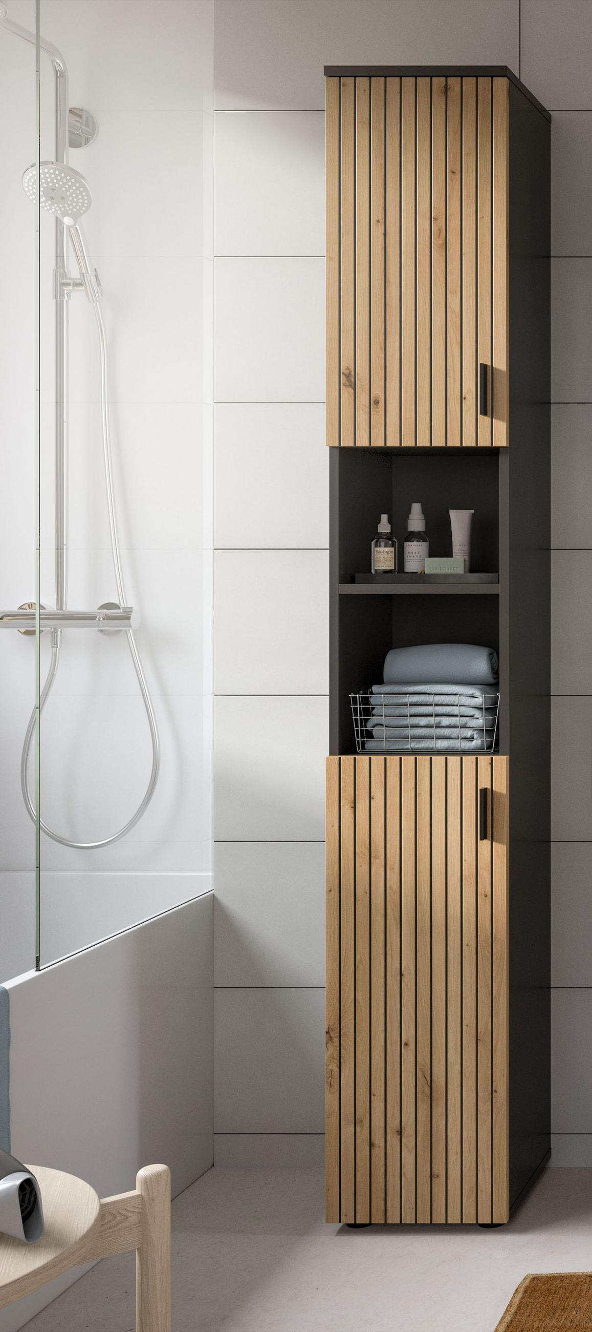 BADSCHRANK Mira (B/H/T: ca. 30/192/30 cm) in Basalt grau/Artisan Oak Nachbildung - Anthrazit, Holzwerkstoff (30/192/30cm)