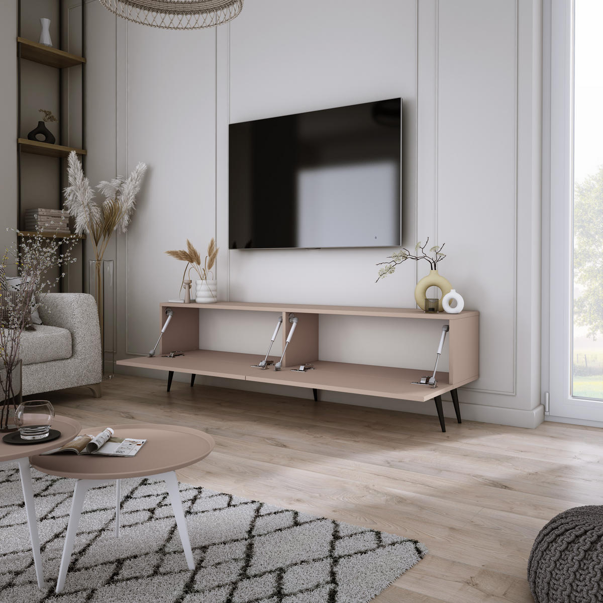 TV-SCHRANK : Karamellbraun, 140 x 52 x 32 cm, schwarze Beine - Schwarz/Braun, Holzwerkstoff/Metall (140/52/32cm) - 3XE LIVING