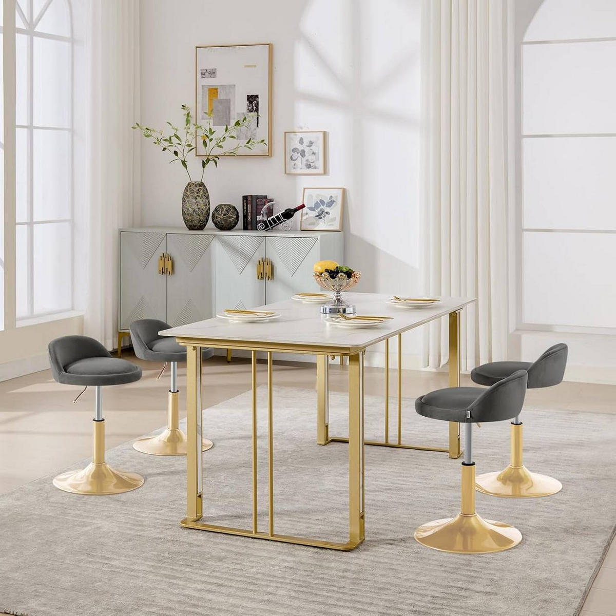 BARHOCKER 2er Set Drehhocker, Samt, Dunkelgrau+Gold - Dunkelgrau/Goldfarben, Kunststoff/Textil (38.5/49.5/43cm) - Woltu