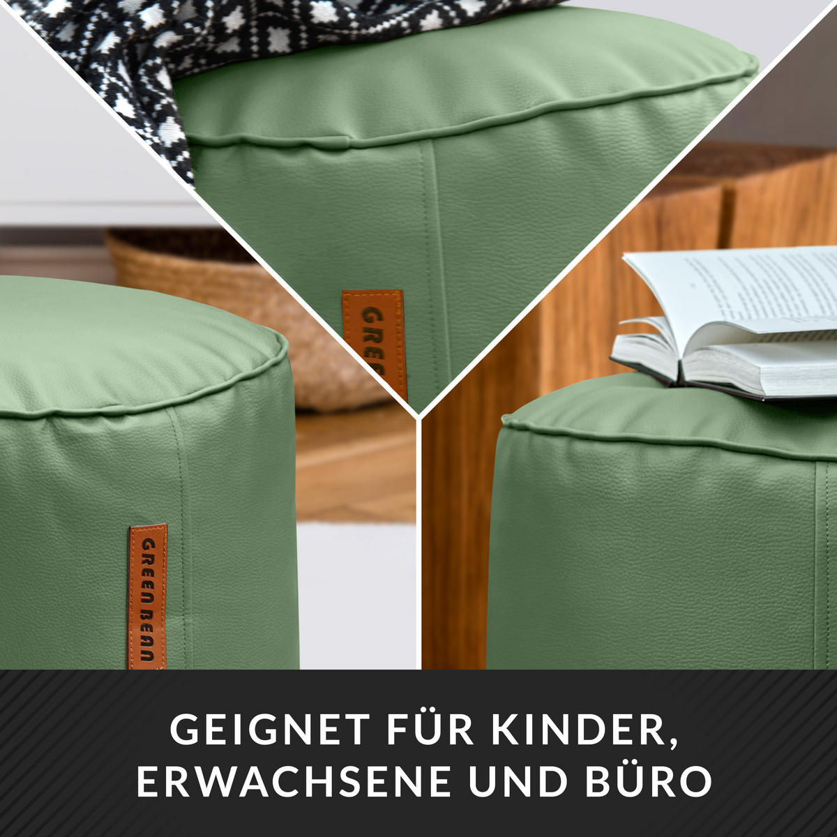 INDOOR HOCKER Stay rund Kunstleder - Hellgrün, Textil (43/30/30cm) - Green Bean