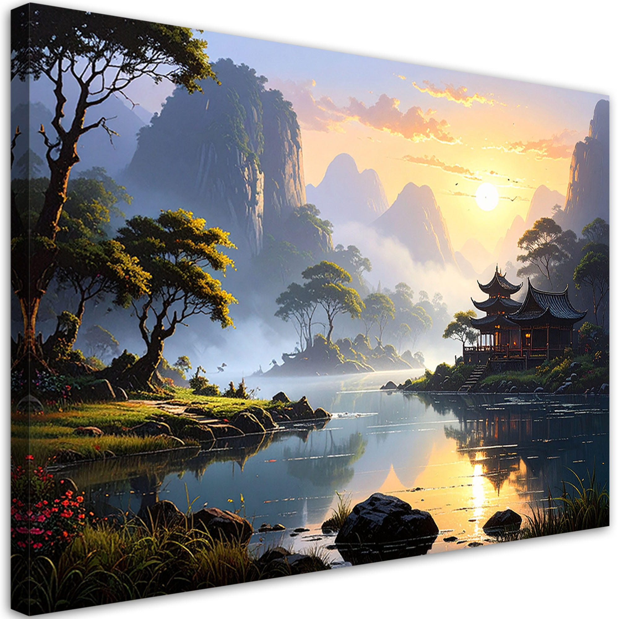 BILDER, Japanische Landschaft Fluss Berge Natur - Multicolor, Textil (30/20cm) - Feeby