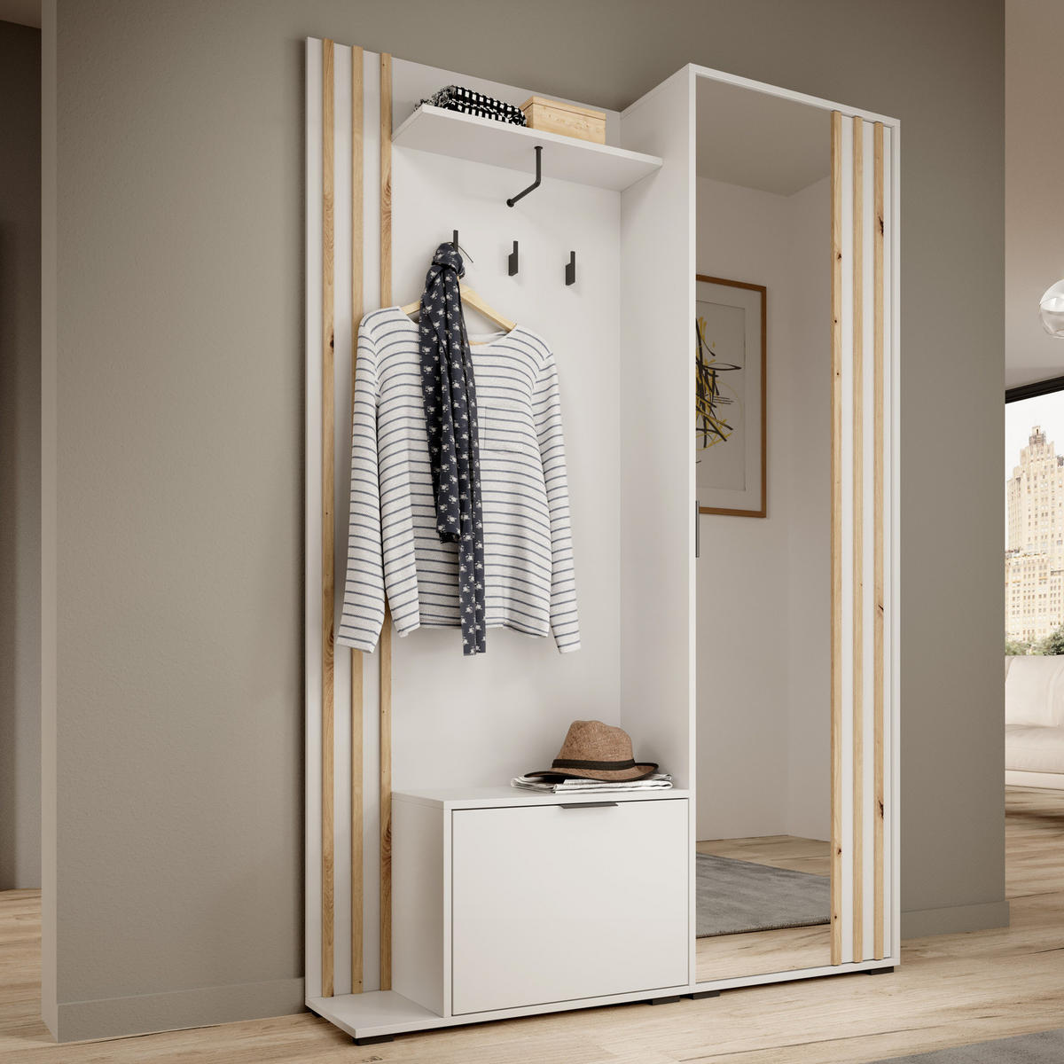 GARDEROBE STILO 131 cm (Weiß, Lamellen Artisan Eiche, Spiegel, Metallgriffe) - Schwarz/Weiß, Holz/Holzwerkstoff (131/192/40cm) - Ravio