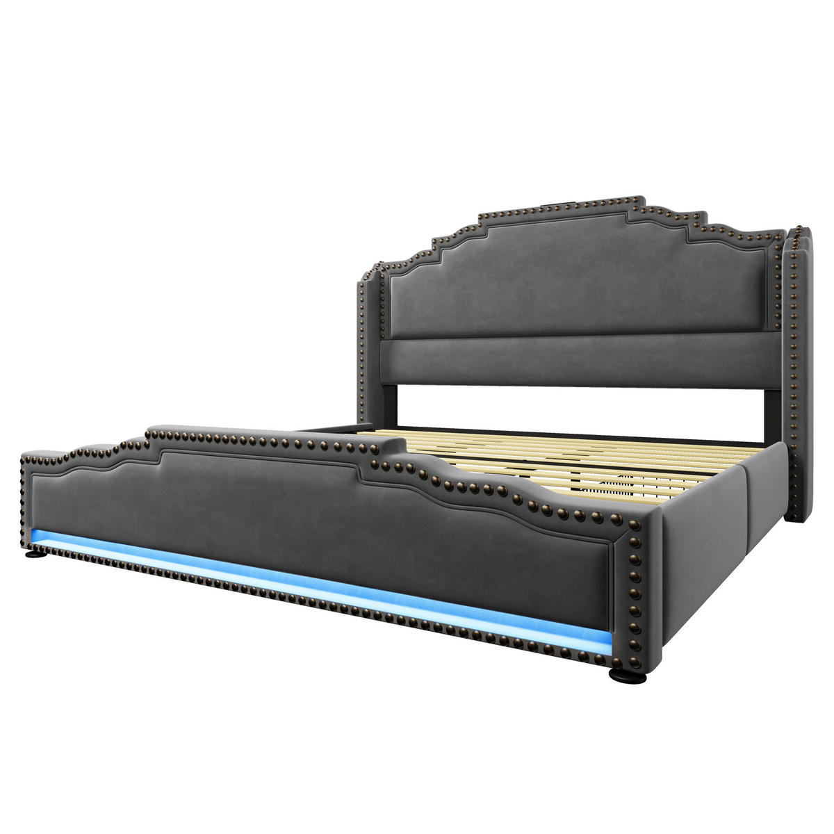 POLSTERBETT mit 4 Schubladen 180x200 cm Samt Grau mit LED und USB-C - Grau, Metall (180/200cm) - Meubliv