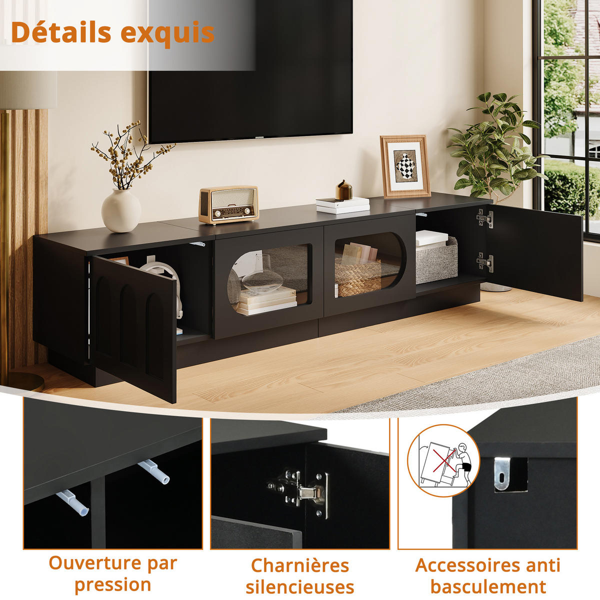 LOWBOARD DE-40167 mit LED-Beleuchtung und Glastüren Schwarz - Schwarz, Holzwerkstoff (200/42/40cm) - ComfortXL