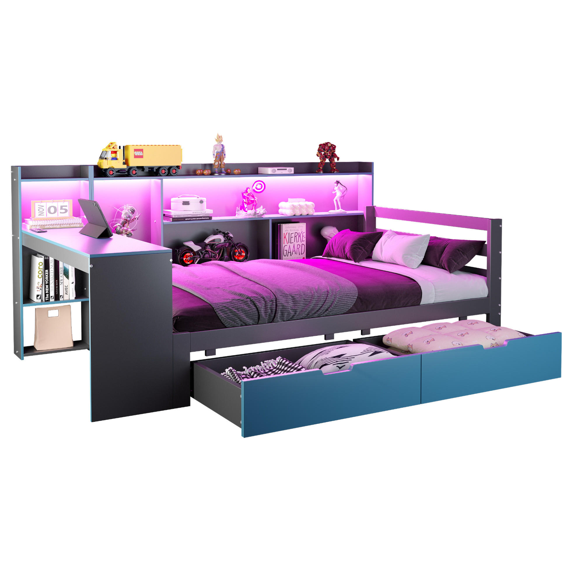 POLSTERBETT 90/200 cm mit Schreibtisch, Regalen, LED und USB-Steckdosen, Schwarz/Blau - Schwarz, Holzwerkstoff (90/200cm) - Redom