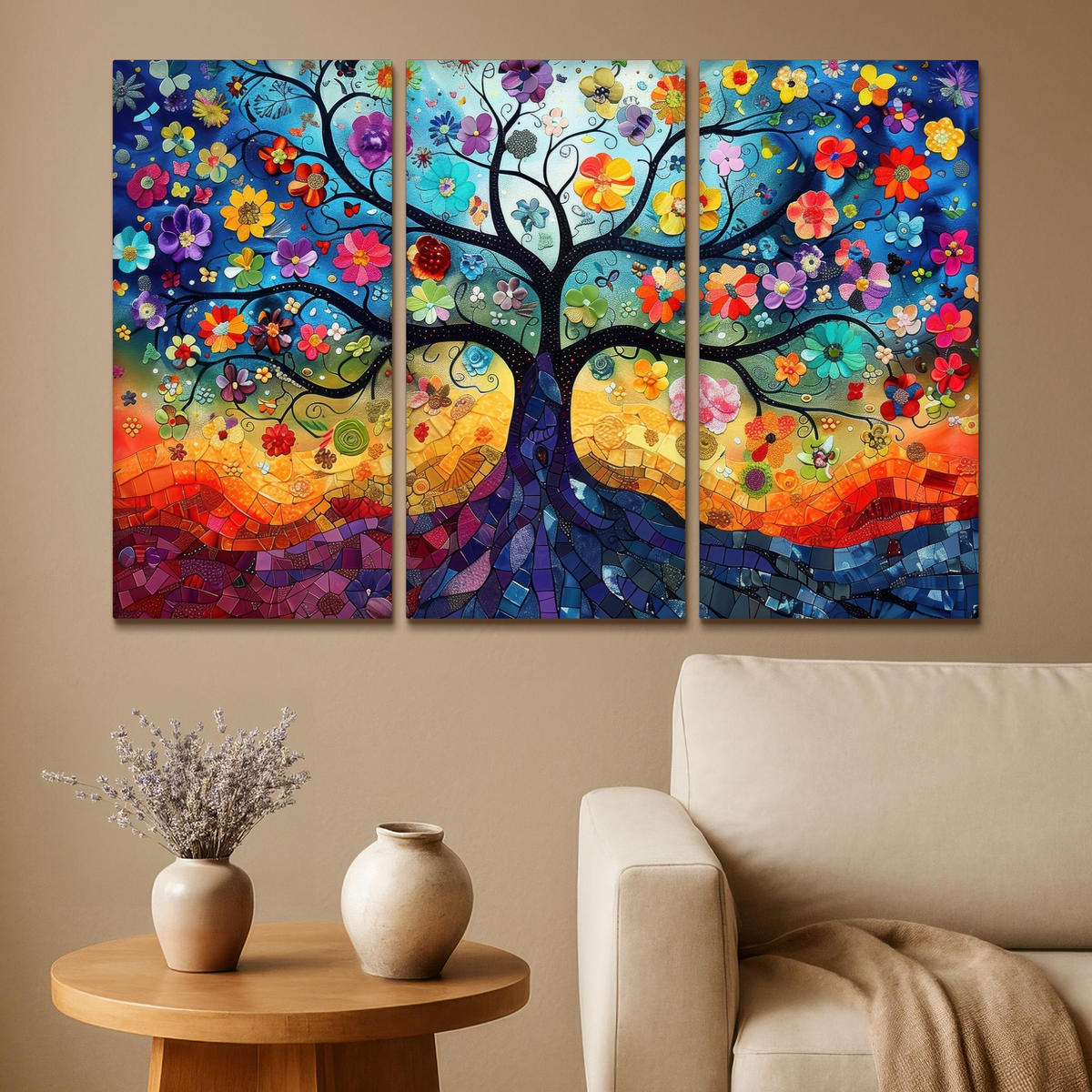 LEINWANDBILD 3er Set Bunt - Baum des Lebens - Blumen - Abstrakt 120x80 cm - Blau, Textil (120/80cm) - MuchoWow