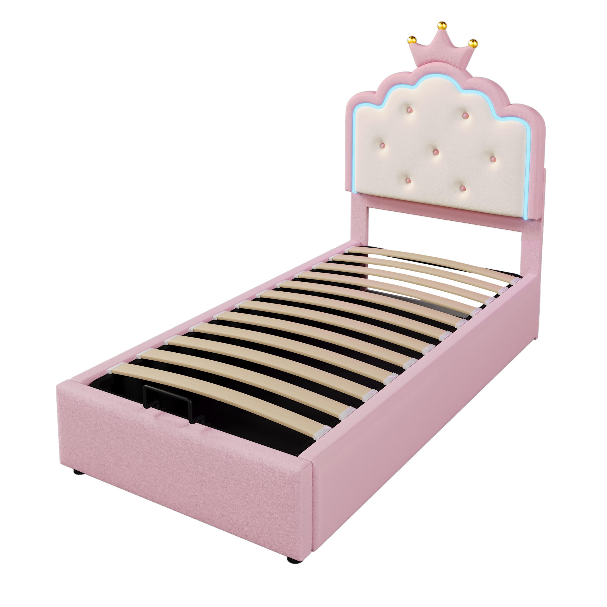 STAURAUMBETT 90/200 cm DE-04641, mit LED, Hydraulik und Kronprinzessinnen-Form in Rosa - Pink, Holzwerkstoff/Metall (90/200cm) - ComfortXL