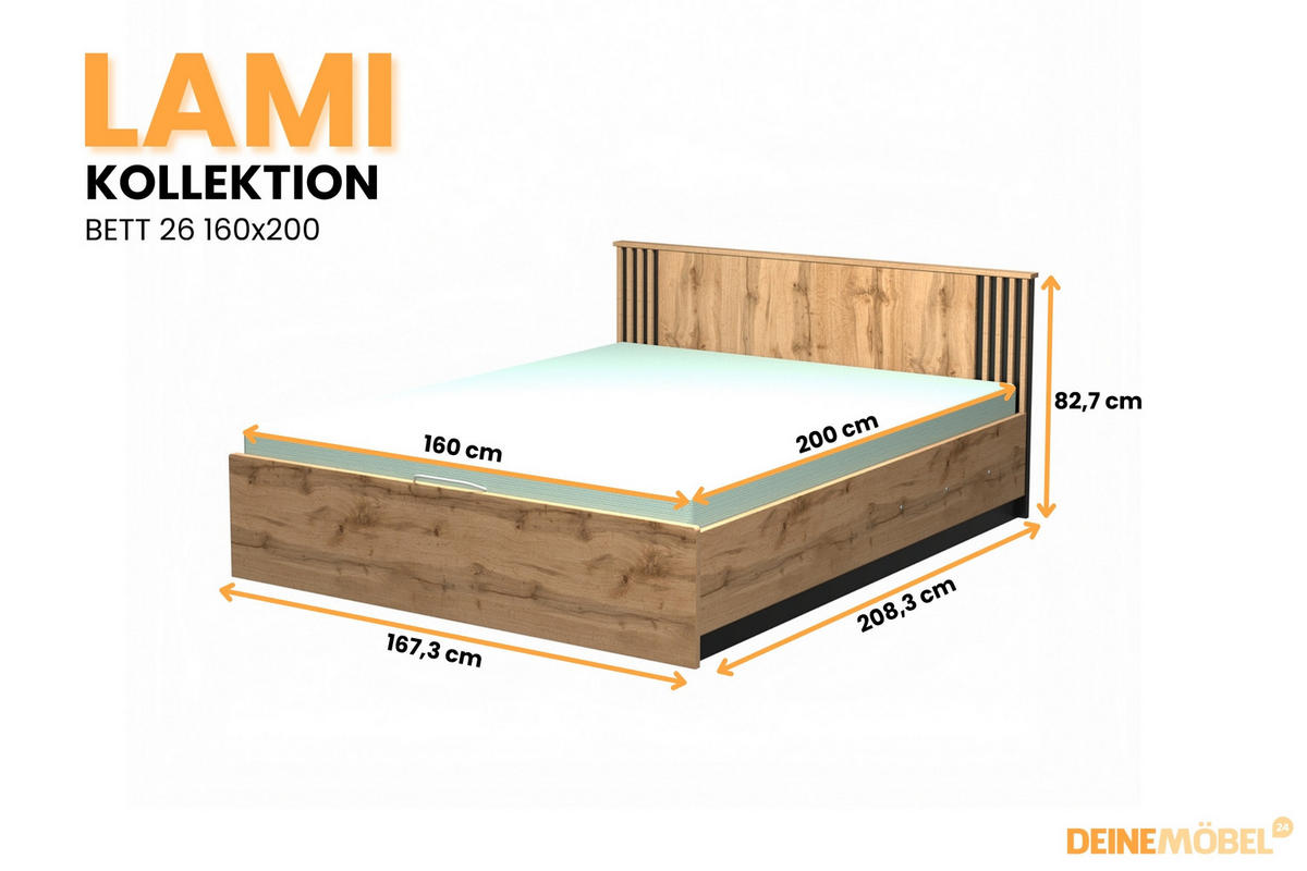 DOPPELBETT LAMI 26 160/200 cm in Wotan Eiche / Schwarz Matt mit Lamellen - Eiche Wotan/Schwarz, Holzwerkstoff (160/200cm) - Deine Möbel 24