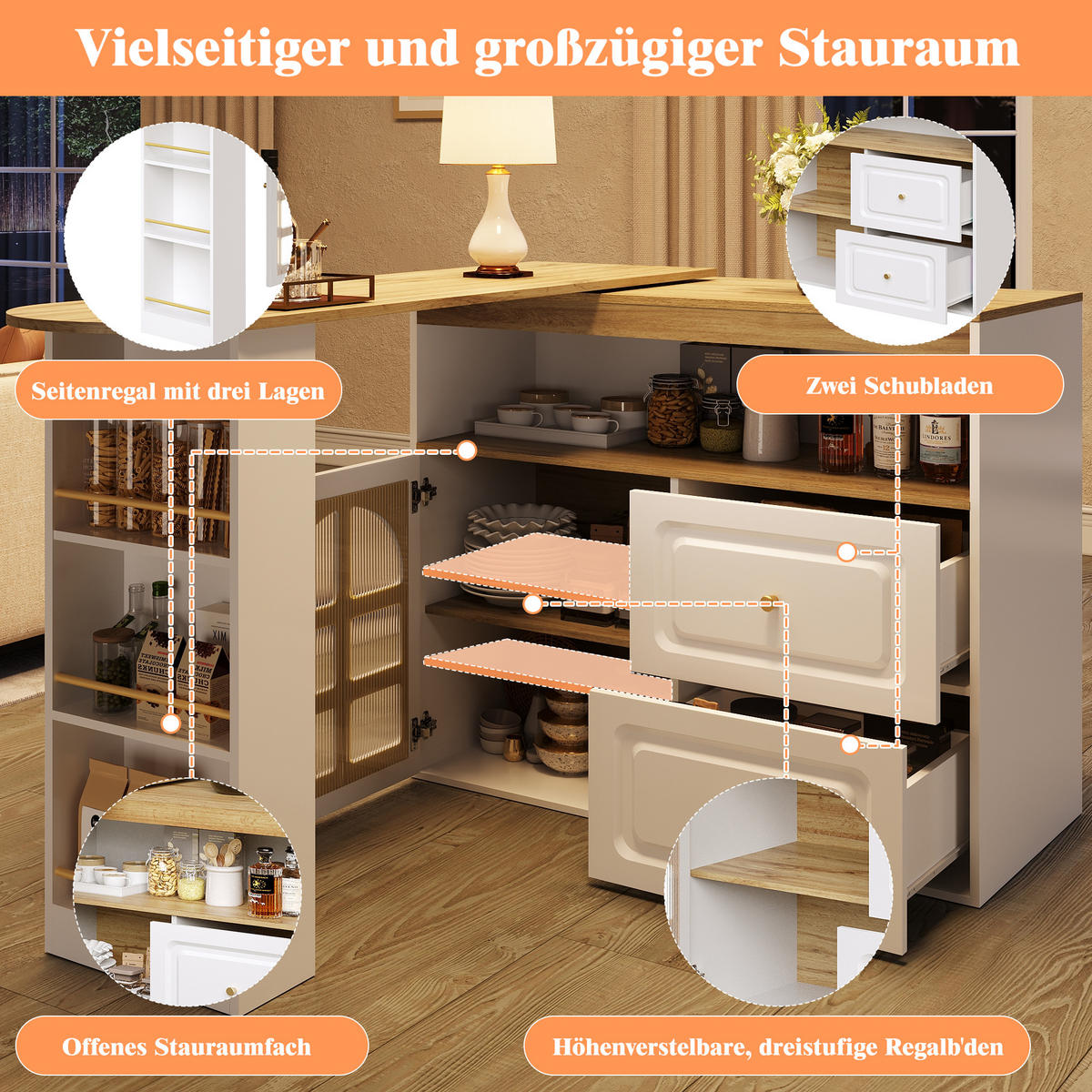 STEHTISCH 138-204x39x104cm Weiß mit Bogenglastür,Snackregal & Drehfunktion - Weiß, Holzwerkstoff (204/104/39cm) - Modfu