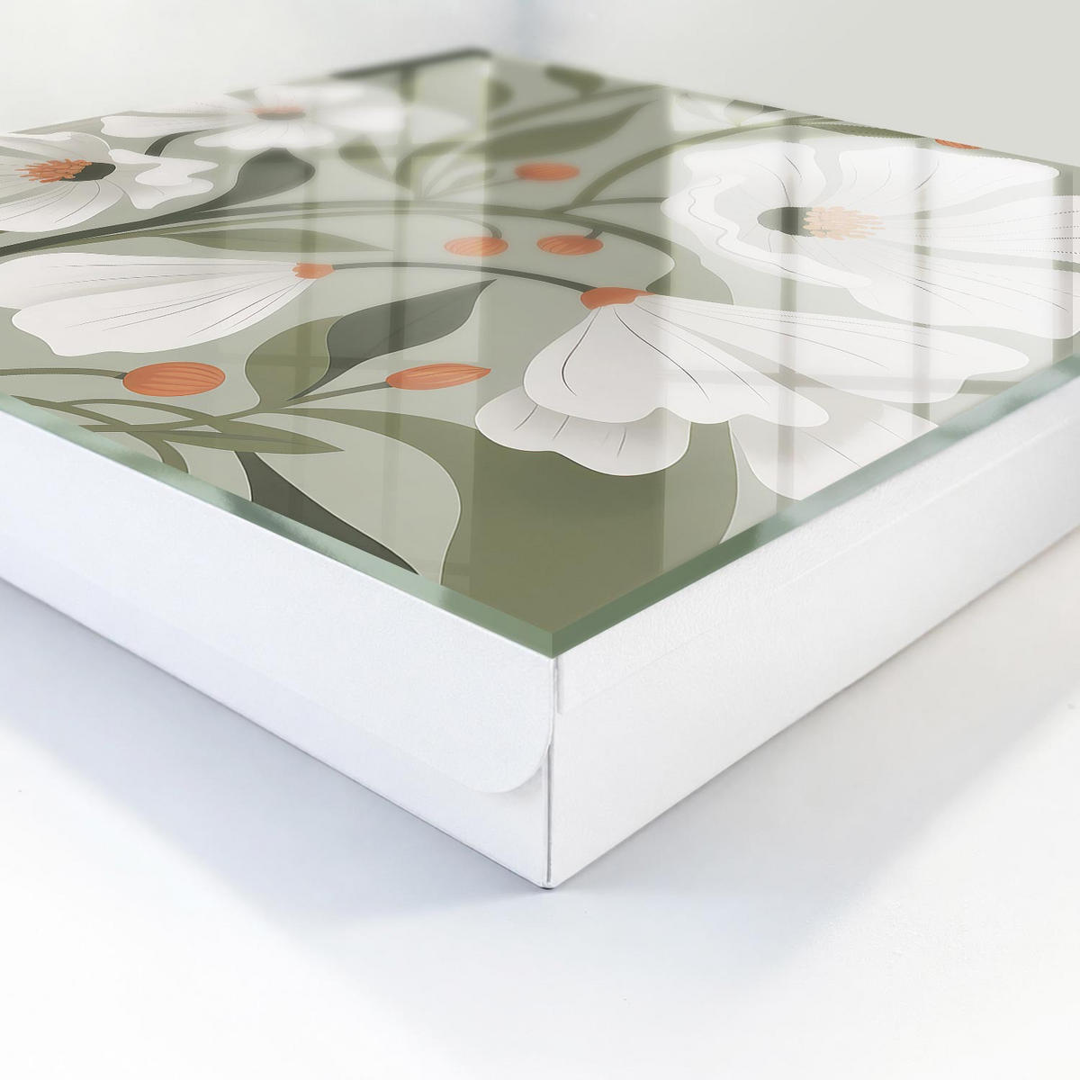 SCHLÜSSELBOX Weiß 30x30 cm – Türöffnung nach rechts - Beige Blüten - Grün, Metall (30/30/5cm) - TULUP