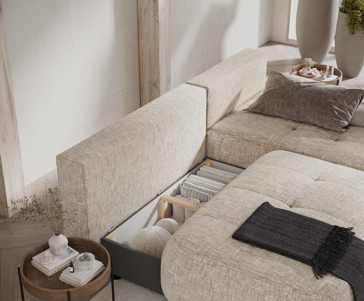 ECKSOFA MIT SCHLAFFUNKTION Batu Creme Webstoff - Beige/Creme, Holz/Holzwerkstoff (223/158cm) - Maison de Reve