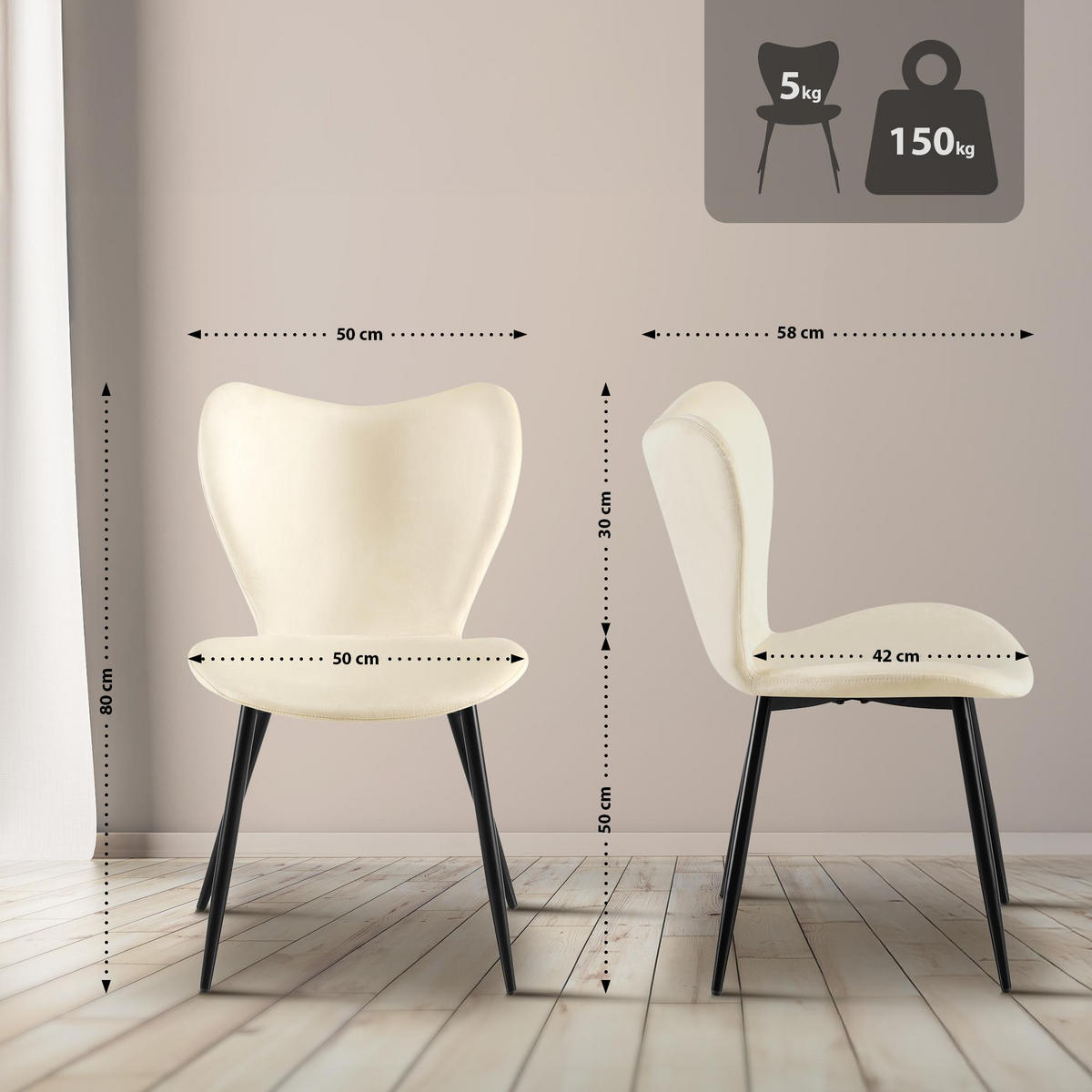 ESSZIMMERSTUHL Samt Creme - Creme/Schwarz, Textil/Metall (50/80/58cm) - CLP