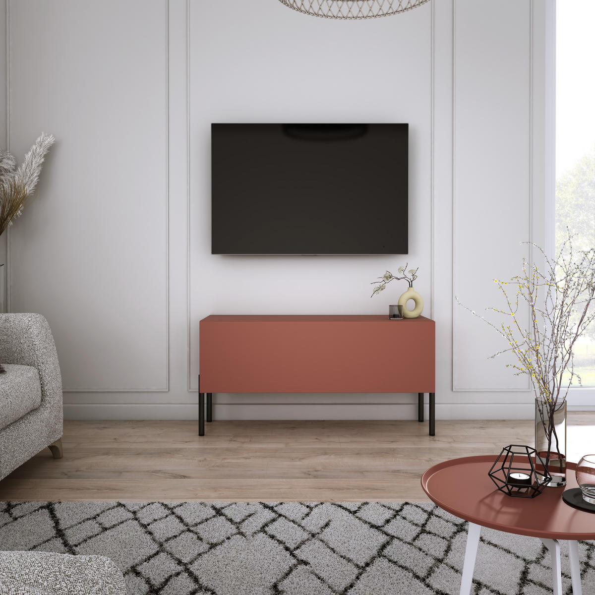 TV-SCHRANK : Ziegelrot, 100 x 52 x 32 cm, schwarze Beine - Rot/Schwarz, Holzwerkstoff/Metall (100/52/32cm) - 3XE LIVING