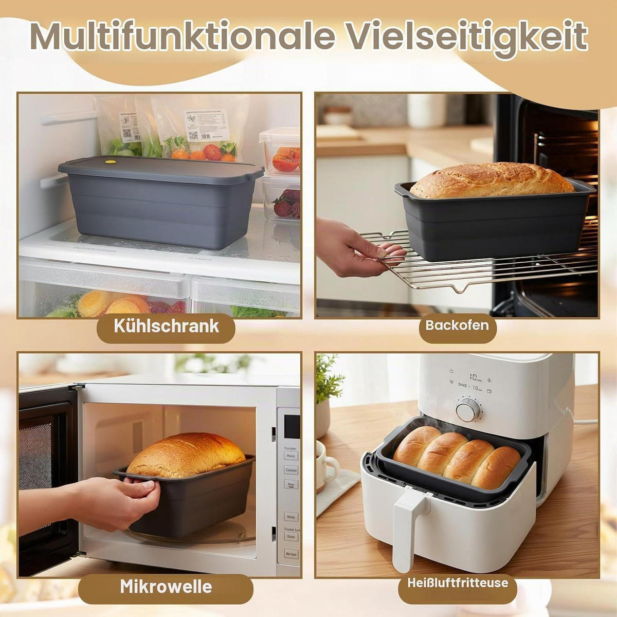 BROTBACKFORM Silikon klappbar mit Deckel 32 x 14,5 x 11,5 cm - Grau, Kunststoff (14.5/11.5/32cm)