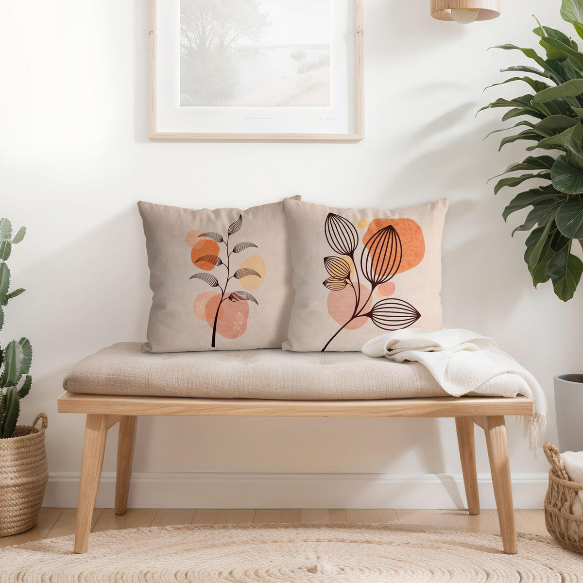 DEKOKISSEN 2er-Set Boho Blätter Duo II 50/50 cm - Orange, Textil (50/50cm) - Bilderwelten