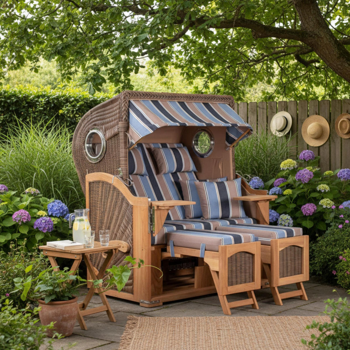 STRANDKORB Düne 2 Sitzer Teak PE Grey - Blau/Beige, Holz/Metall (125/170/80cm) - Mr. Deko