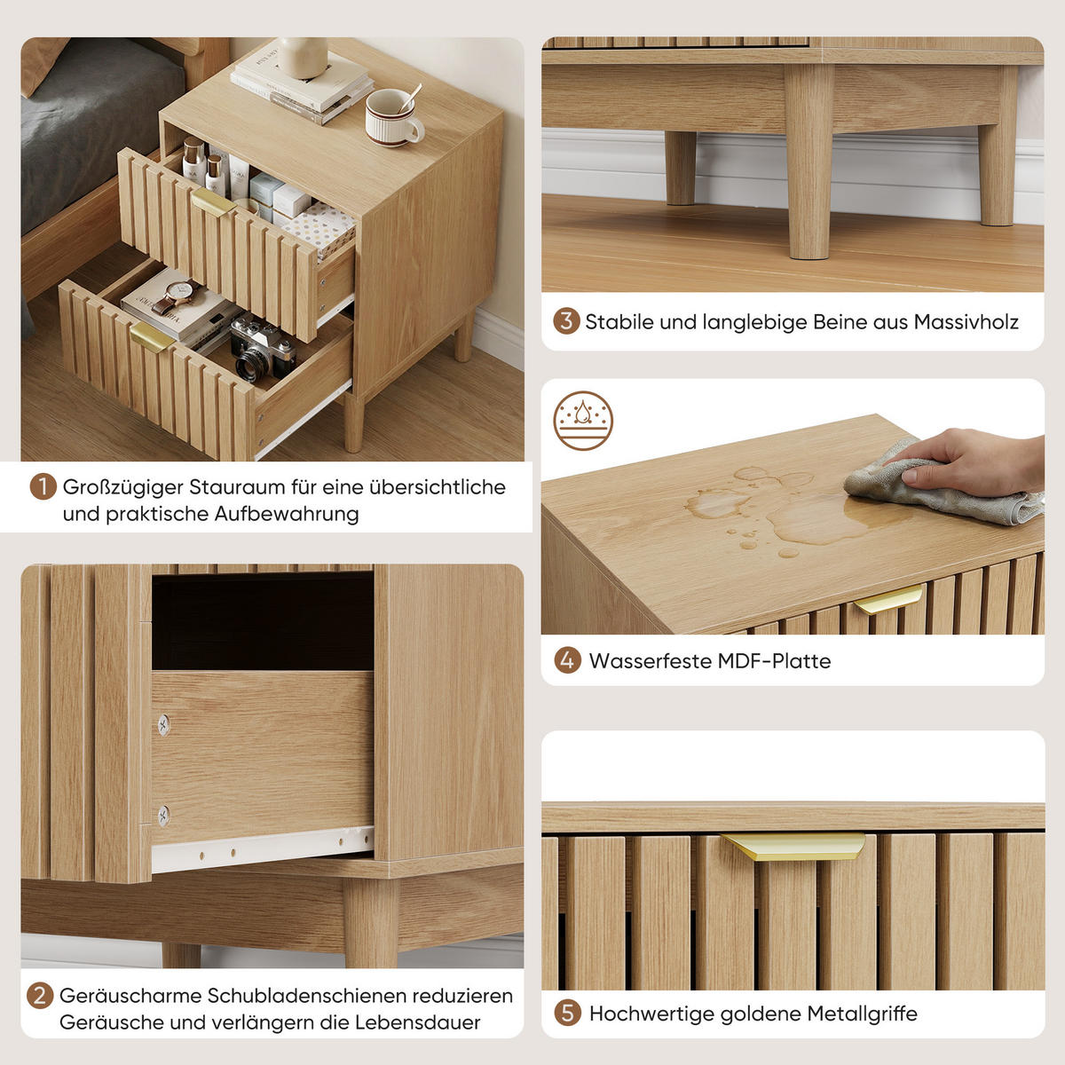 NACHTTISCH eichen-optik & latten-design mit 2 schubladen & goldgriffen - Eichefarben, Holzwerkstoff (45/56.5/39cm) - Urban Meuble