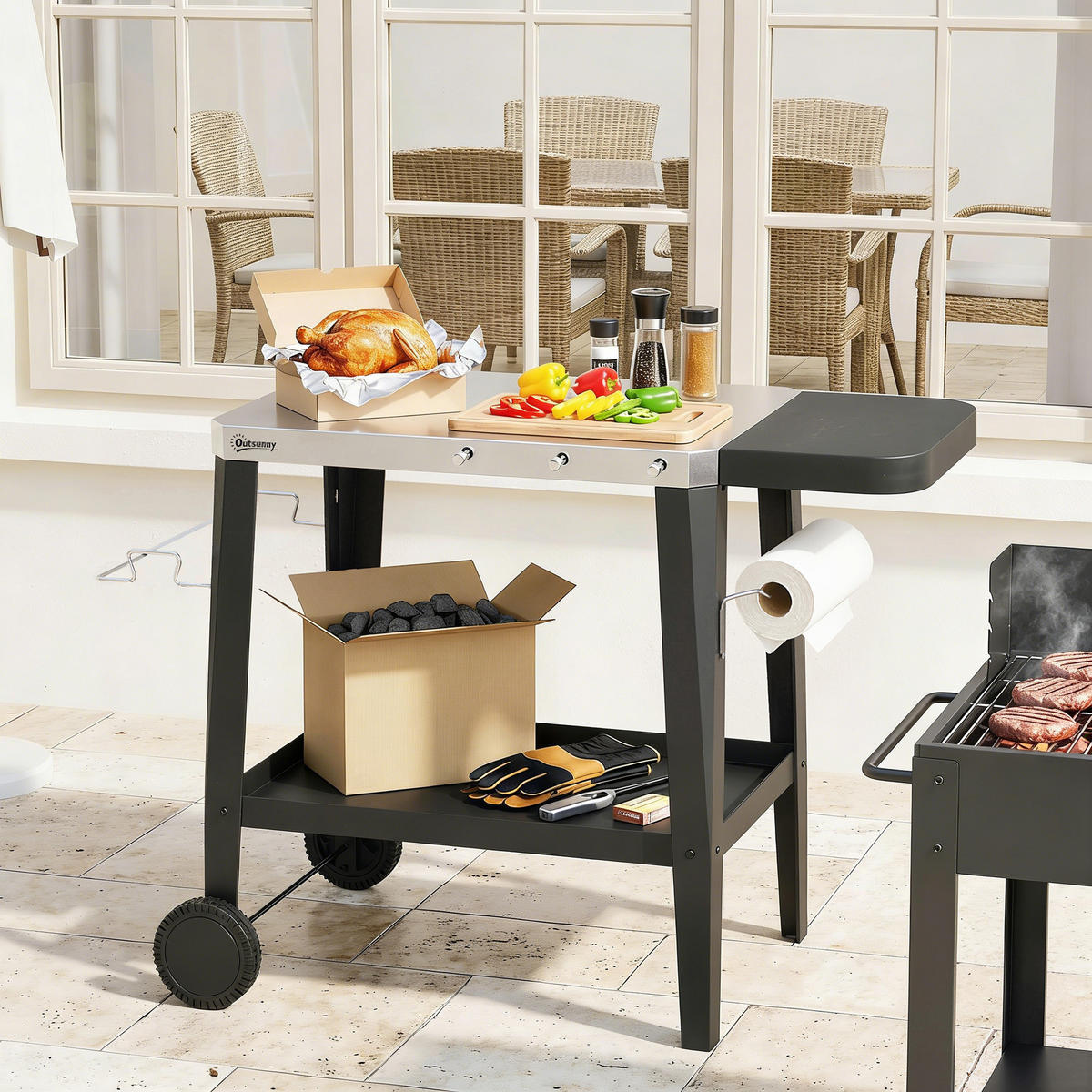 GRILLWAGEN Edelstahl Metall Schwarz - Schwarz, Metall (67.5/80.5/115cm) - Outsunny