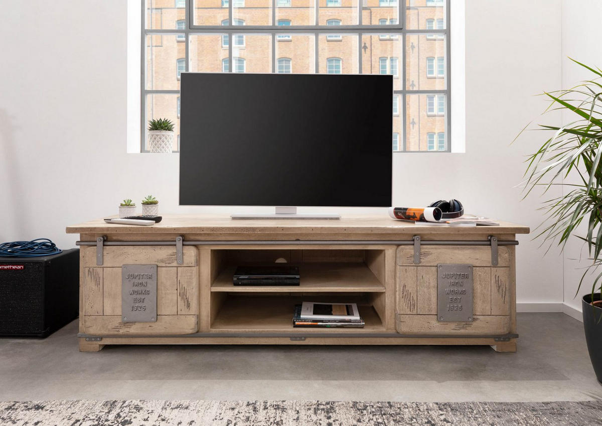 TV-BOARD Mango 180x55x50 whitewash lackiert RAILWAY #335 - Beige, Holz (55/50/180cm) - Massivmoebel24