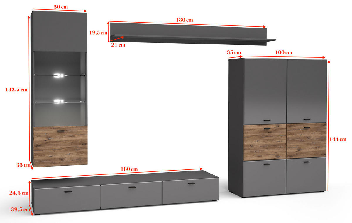 WOHNWAND Oviedo graphit matt / Flagstaff Eiche 5-teilig - Graphitfarben/Braun, Holz/Holzwerkstoff (300/144/60cm) - Feldmann-Wohnen