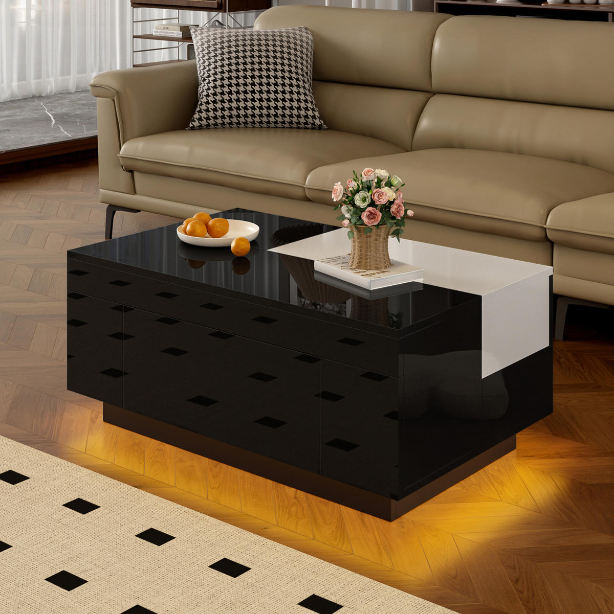 COUCHTISCH aus MDF 80x50x35,5 cm in Schwarz-Weiß mit LED-Beleuchtung - Schwarz, Holzwerkstoff (80/50/35.5cm) - Modfu