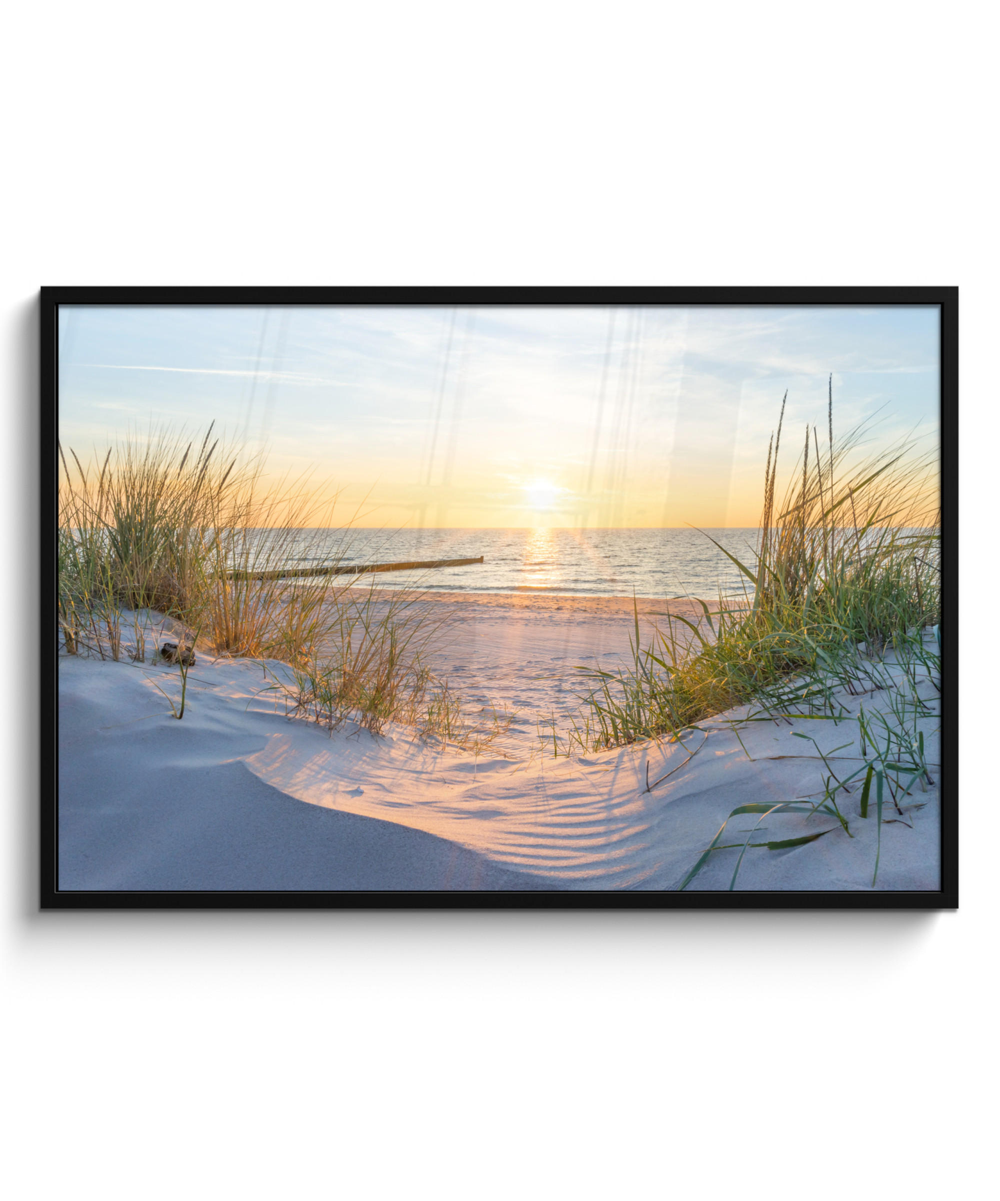 POSTER MIT RAHMENGERAHMTES BILD Strand - Sonne - Düne - Gras - Sand - Horizont 120x80 cm - Hellblau, Papier (120/80cm) - MuchoWow