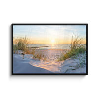 POSTER MIT RAHMENGERAHMTES BILD Strand - Sonne - Düne - Gras - Sand - Horizont 120x80 cm - Hellblau, Papier (120/80cm) - MuchoWow