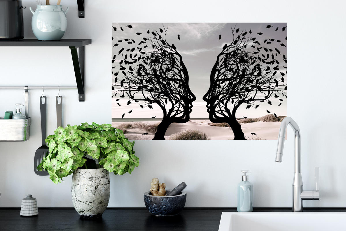 WANDTATTOO Strand - Meer - Menschen - Baum - Moderne Kunst 60x40 cm - Hellgrau, Kunststoff (60/40/0.1cm) - MuchoWow