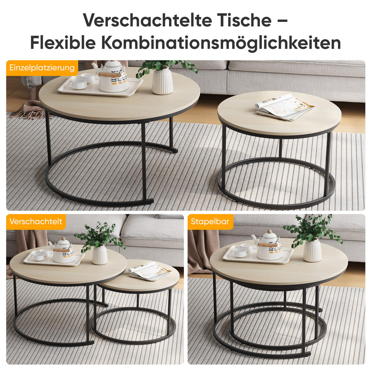 COUCHTISCH 80/80/45 cm in Eichefarben mit Metallgestell, 2-teilig verschachtelbar - Eichefarben, Metall (80/80/45cm) - BEAOK