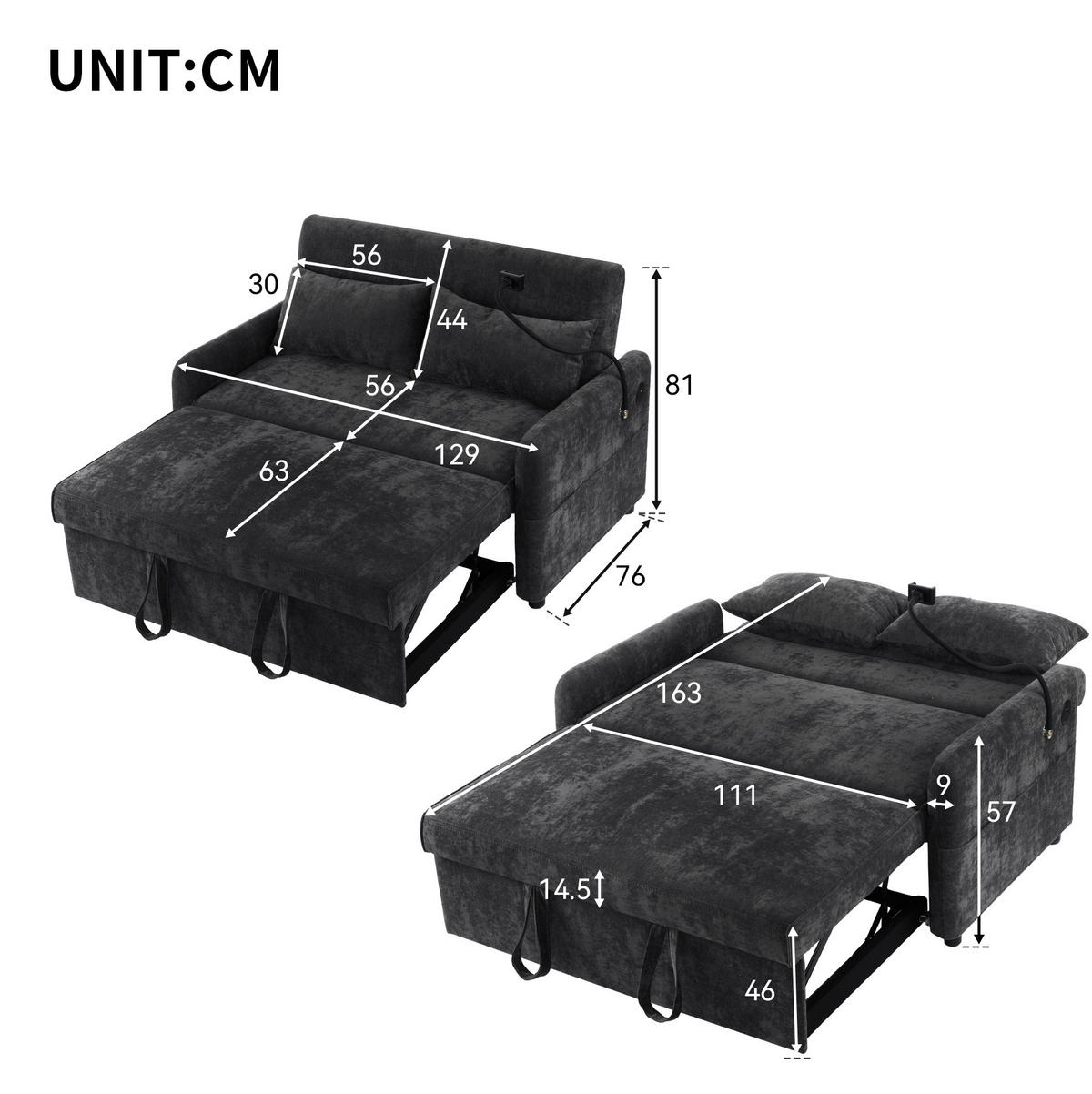 SCHLAFSOFA aus Chenille 129x76x81 cm Grau ausziehbar mit USB-Anschluss, verstellbarer Rückenlehne und Seitentaschen - Grau, Textil (76/81/129cm) - Modfu