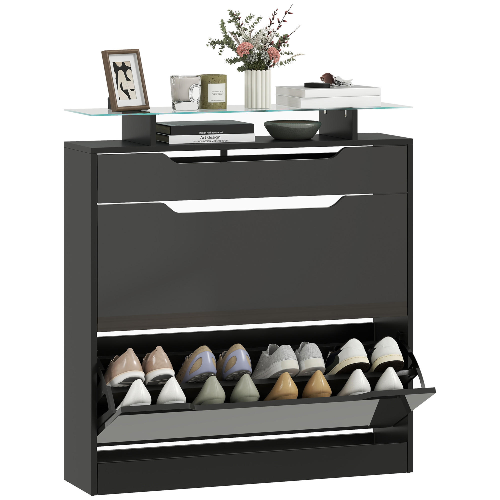 SCHUHSCHRANK Schwarz MDF klappbar mit Fächern 1 Stück - Schwarz, Holzwerkstoff (89/96/23cm) - PANGIVO