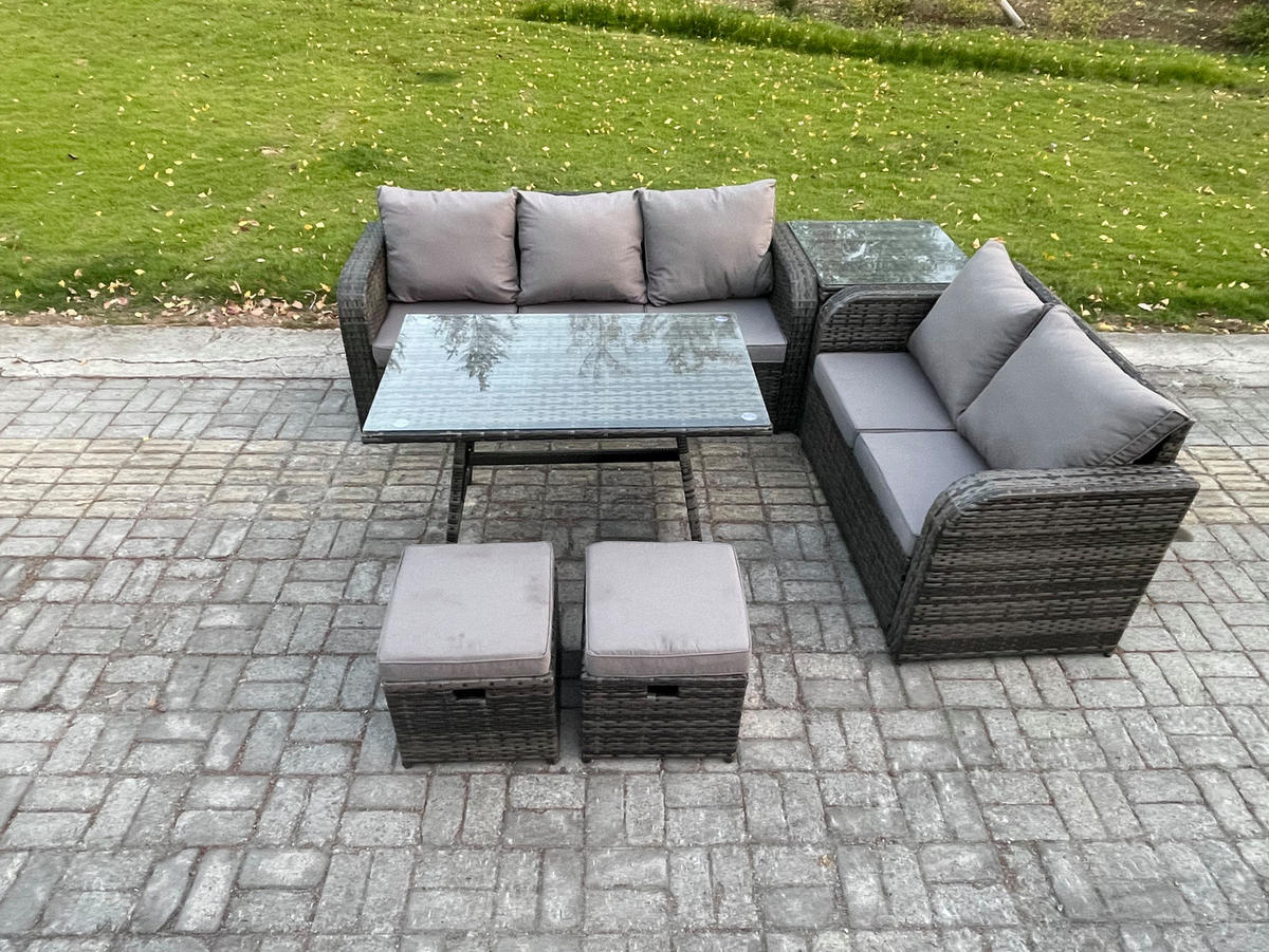 GARTENMÖBEL SET Polyrattan Dunkelgrau 7-Sitzer - Dunkelgrau/Grau, Glas/Kunststoff - Fimous