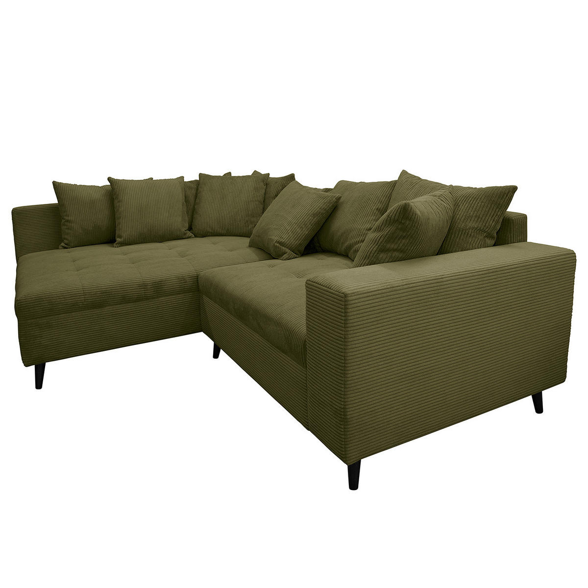 ECKSOFA mit Ottomane und Hocker - Schwarz/Olivgrün, Birkenholz/Textil (247/174cm) - home24