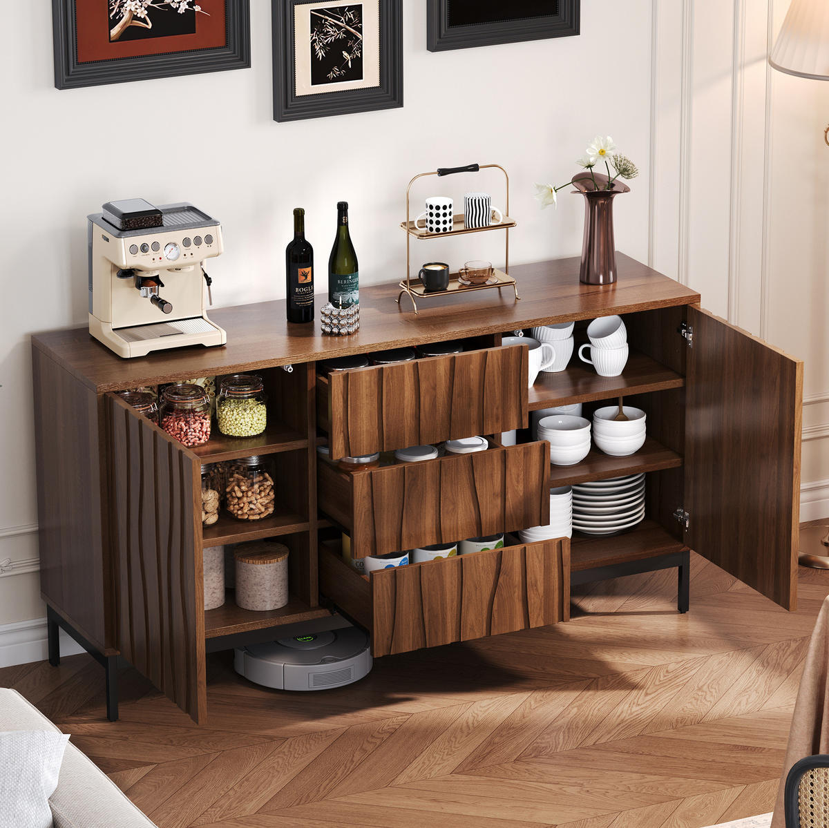 SIDEBOARD aus MDF und PB 150x40x80 cm Dunkelbraun mit Schubladen und verstellbaren Einlegeböden - Naturfarben, Holzwerkstoff (150/80/40cm) - IVMEU