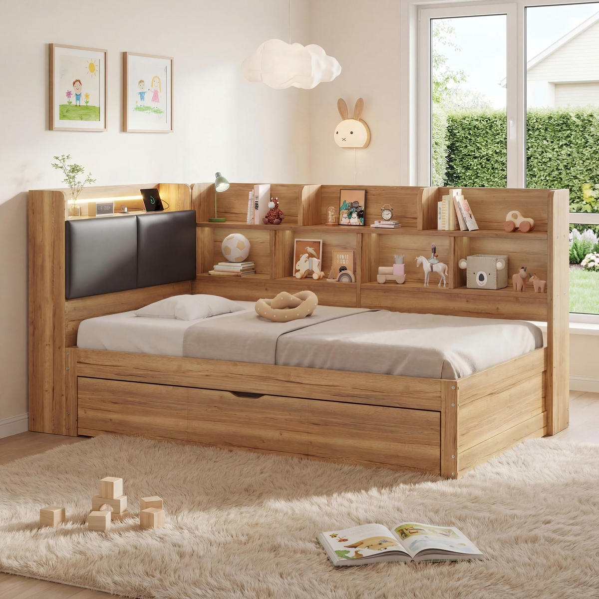 KINDERBETT Natur 90x200 LED USB Ausziehbett Stauraum Holz - Naturfarben, Holzwerkstoff (90/200cm) - FLIEKS
