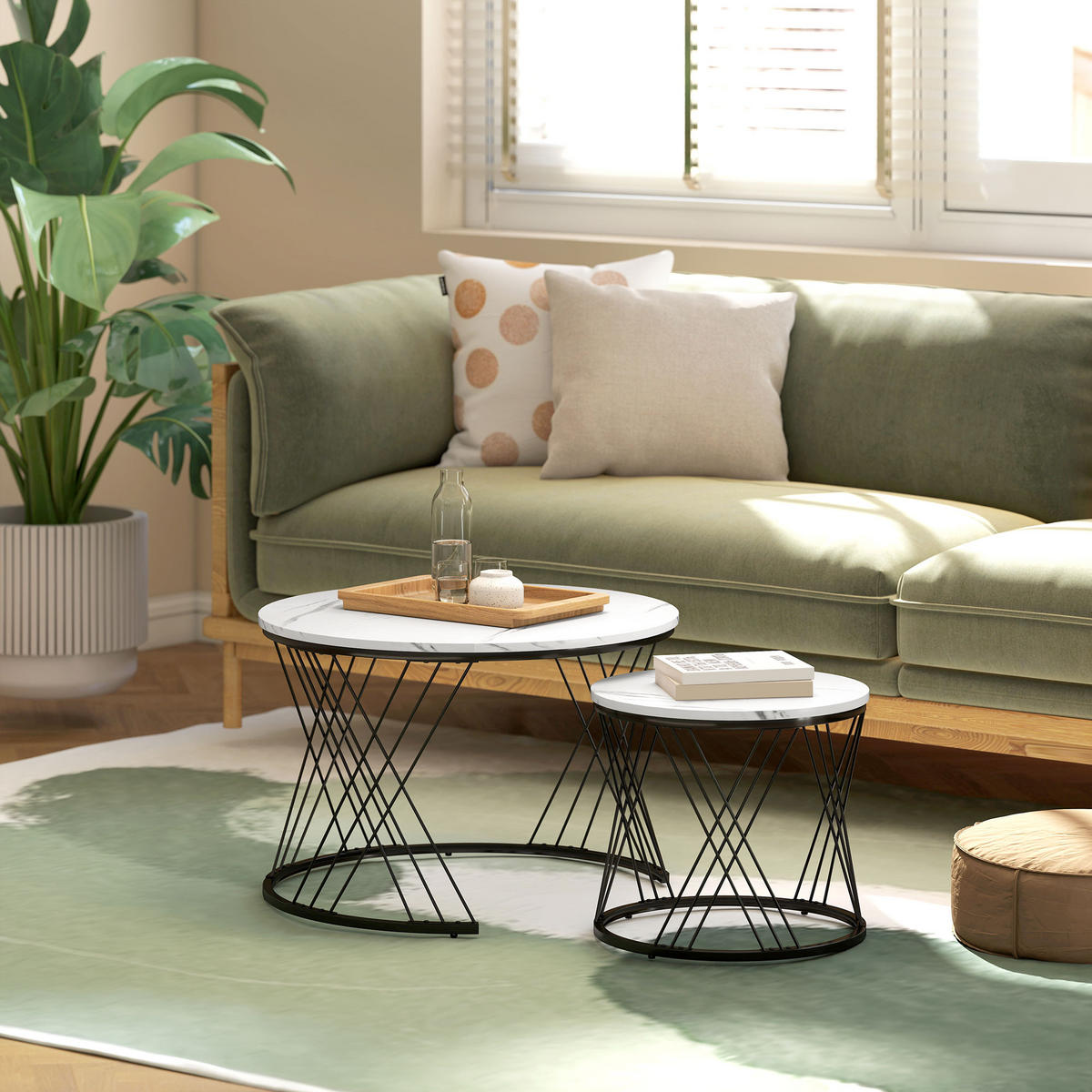 COUCHTISCHE im 2er-Set, Marmoroptik, Spanplatte, Metall, runde Kaffeetische für Wohnzimmer, ineinanderstellbar, Weiß - Weiß, Holzwerkstoff (70/70/46.5cm)