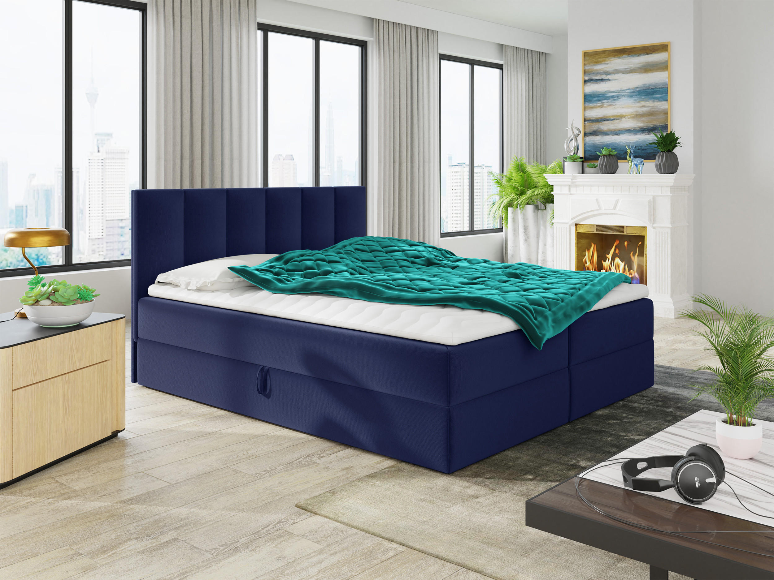 BOXBETT Star - 140x200 - blau (Kronos 09, Velvet) - Blau/Schwarz, Holz/Holzwerkstoff (140/200cm) - Sofnet