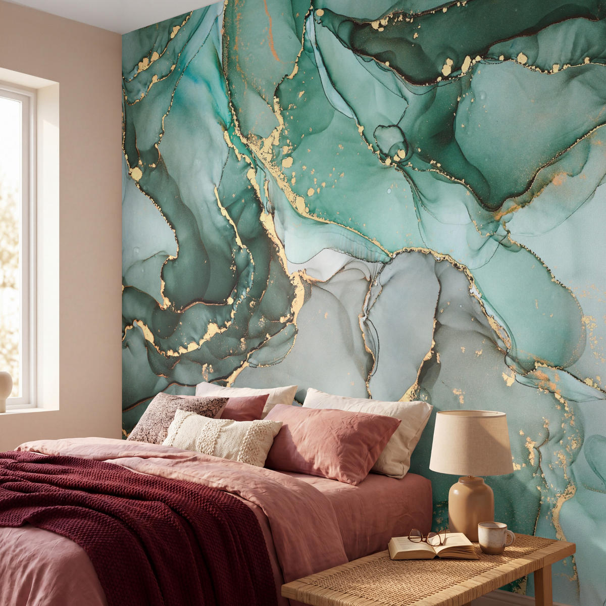 TAPETE - Gold - Marmor - Grün - Luxus - Marmoroptik - Grau - 260x280 cm - Grün, Papier (260/280cm) - OnlyWow