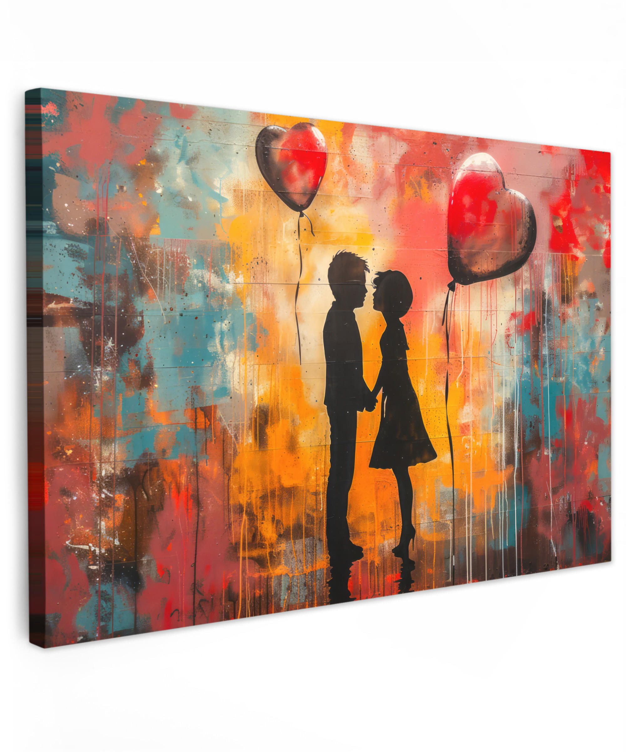 LEINWANDBILD Straßenkunst - Liebe - Graffiti - Kunst - Banksy Wanddeko 90x60 cm - Orange, Textil (90/60cm) - MuchoWow