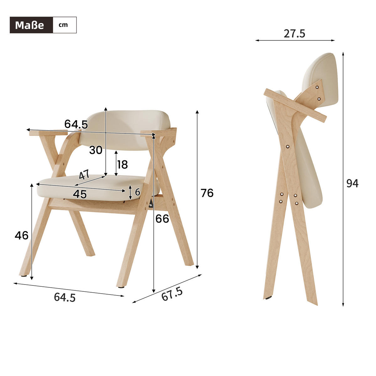 KLAPPSTUHL DE-35789 4 Stück mit Leinenbezug Beige - Beige, Holz (66.5/76/63.5cm) - ComfortXL