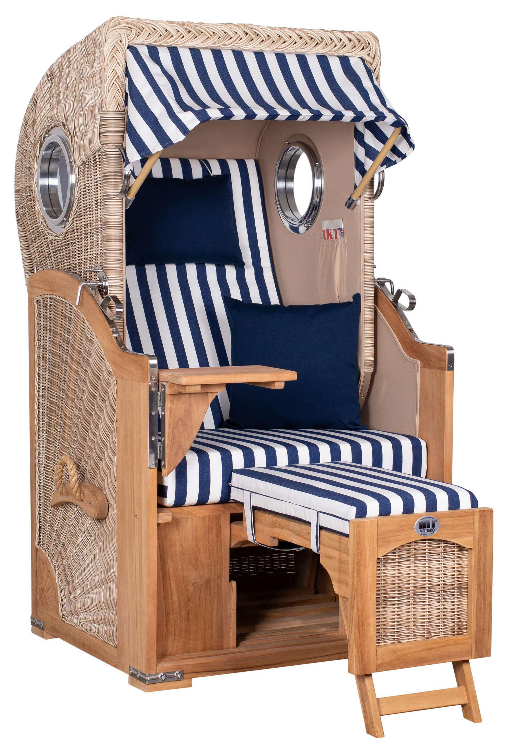 STRANDKORB Düne 1-Sitzer Teak 518 - Blau/Dunkelblau, Holz/Textil (96/165/80cm) - Mr. Deko