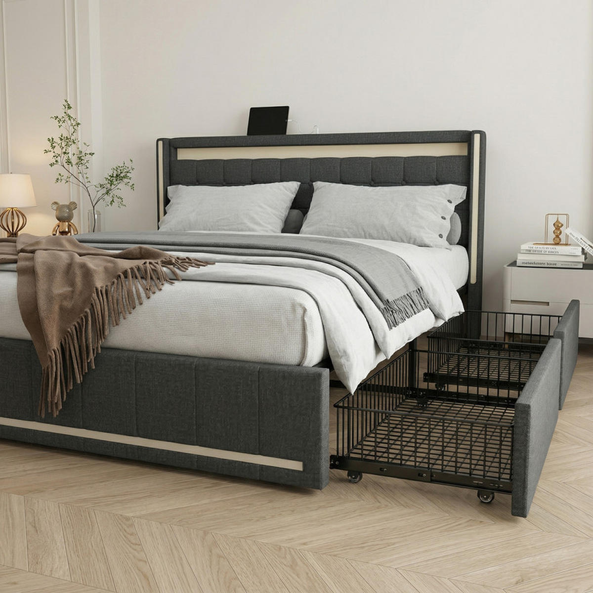 POLSTERBETT 140/200 cm dunkelgrau mit Schubladen, LED und USB - Grau, Holz
