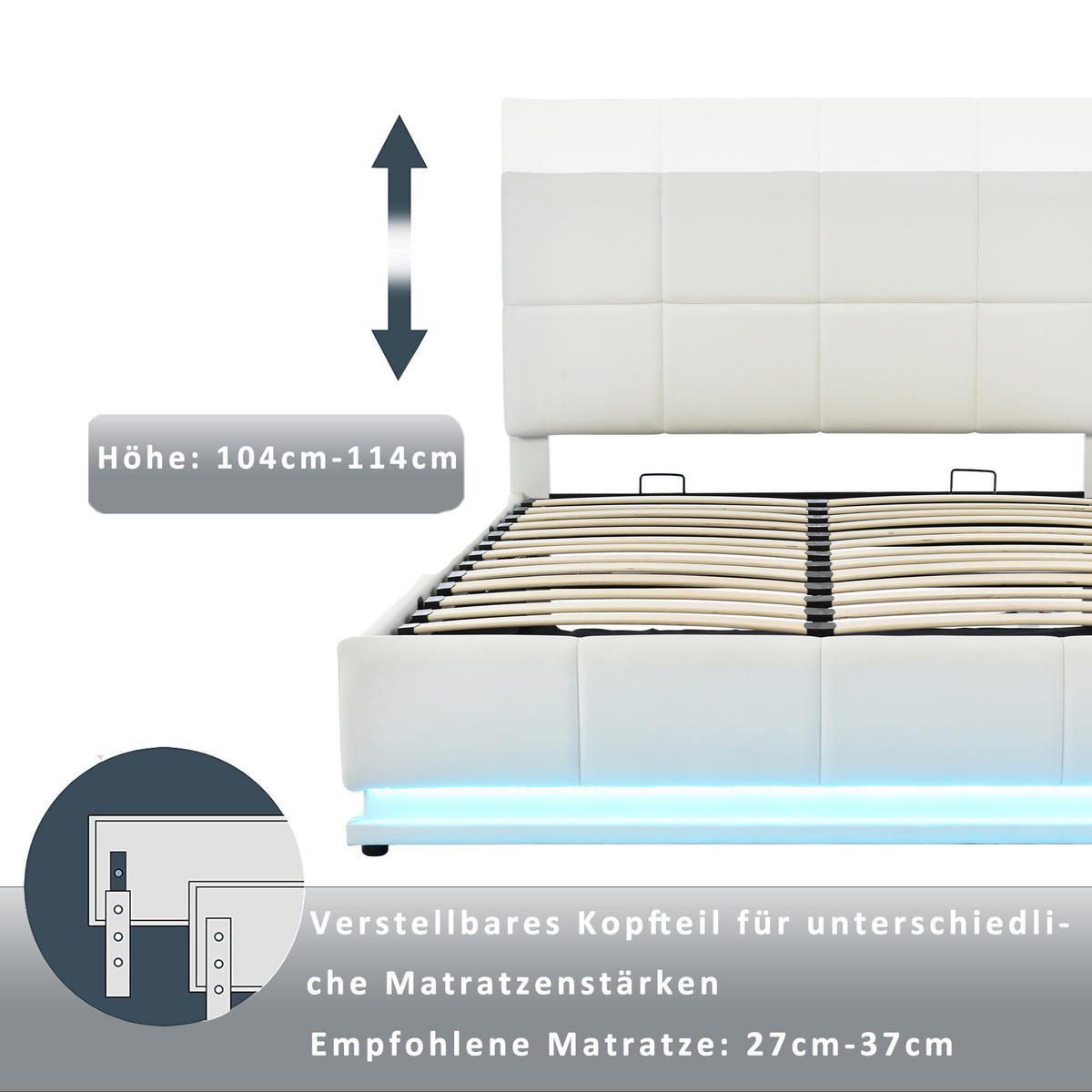 POLSTERBETT 160/200 cm Weiß mit LED und hydraulischem Stauraum (ohne Matratze) - Weiß, Textil (160/200cm) - Oxeza