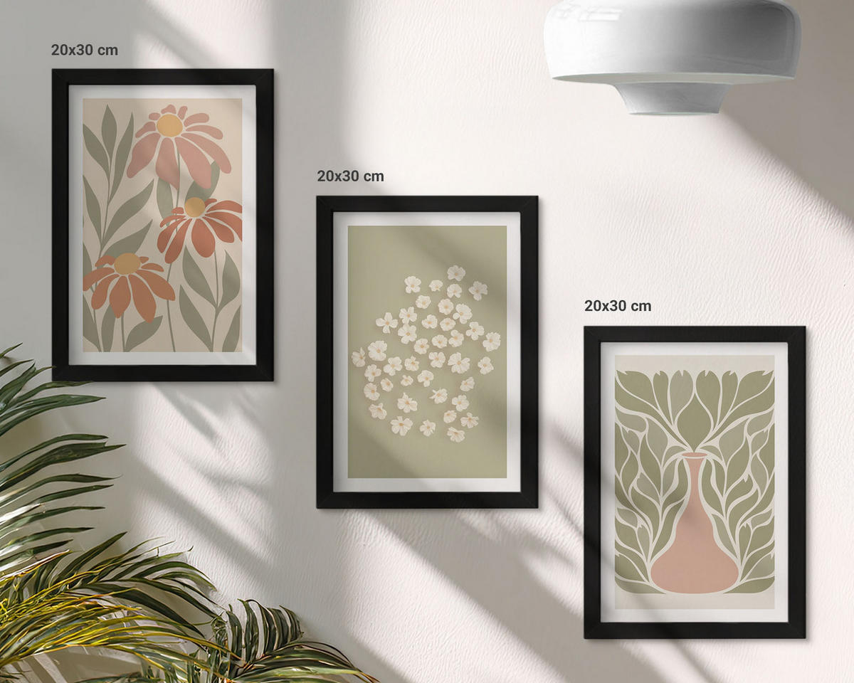 BILDER SET 3er Set - 20x30 cm Schwarzer Rahmen - Florale Boho-Muster - Schwarz, Kunststoff (20/30cm) - TULUP