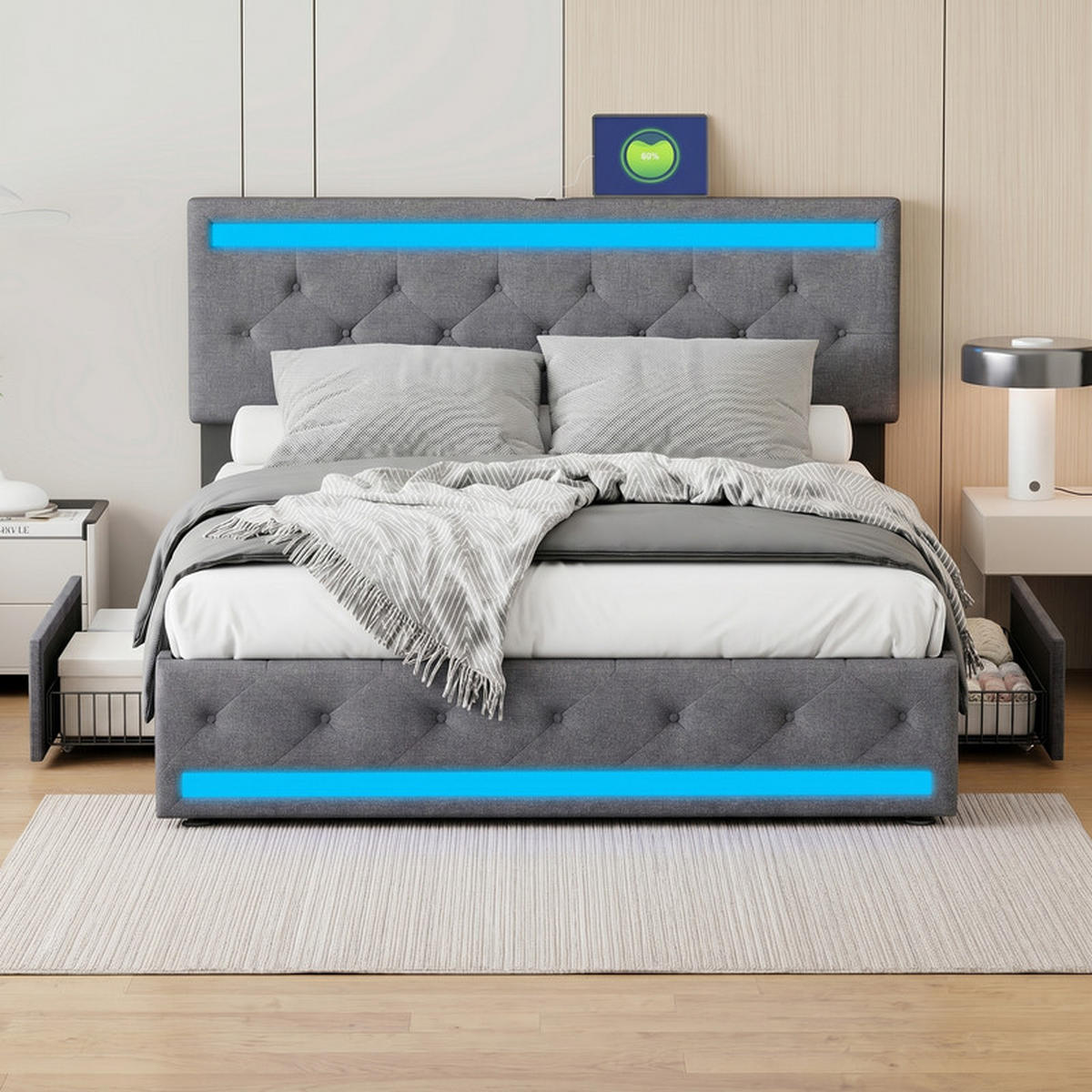 POLSTERBETT 180/200 cm grau mit Schubladen, LED und USB - Grau, Holz